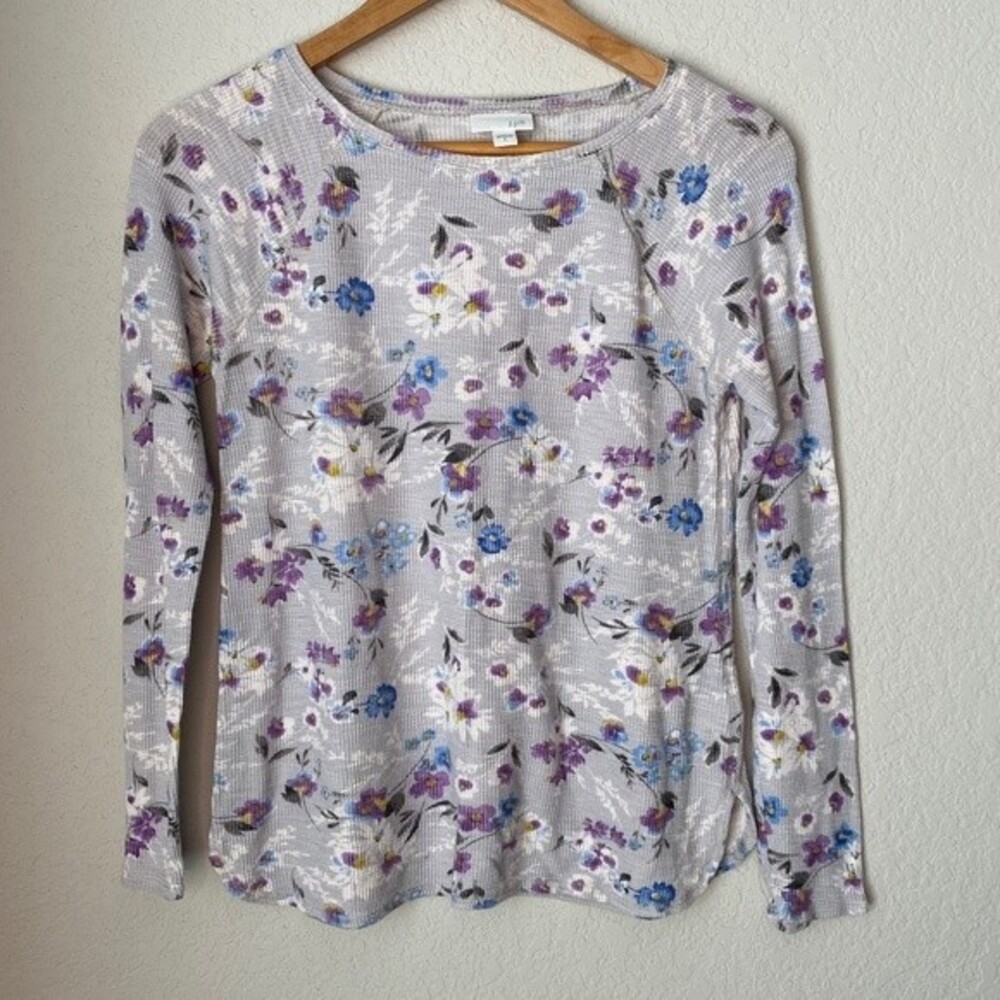 J.Jill Grey Floral Waffle Knit Thermal Top - Size Small - EUC